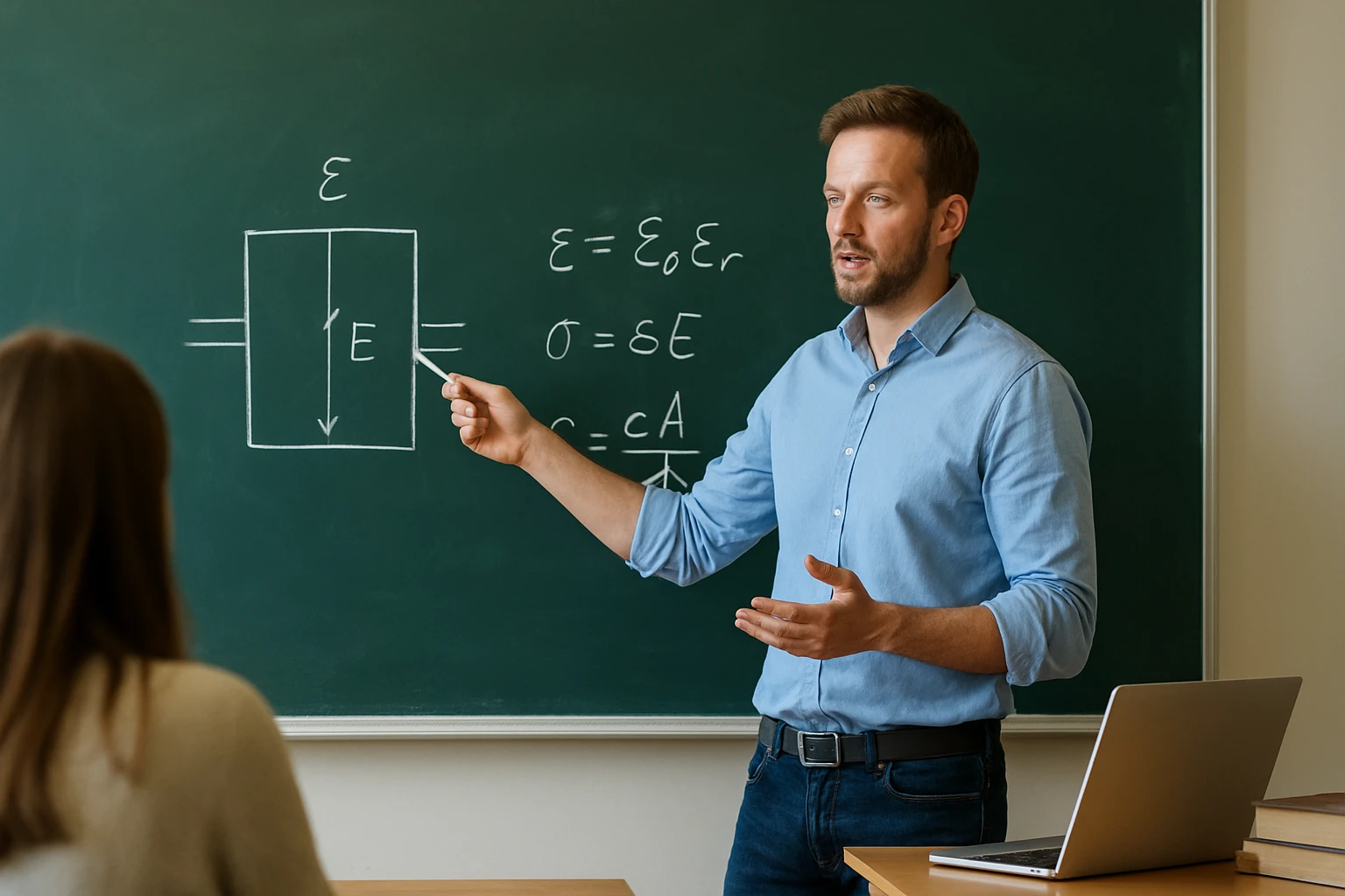 Egy tanár magyaráz egy elektromos mezőt ábrázoló diagramot a táblán.