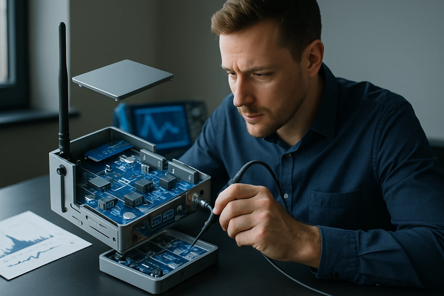 Egy férfi egy nyitott elektronikai eszközt vizsgál, miközben csatlakoztat egy kábelt.