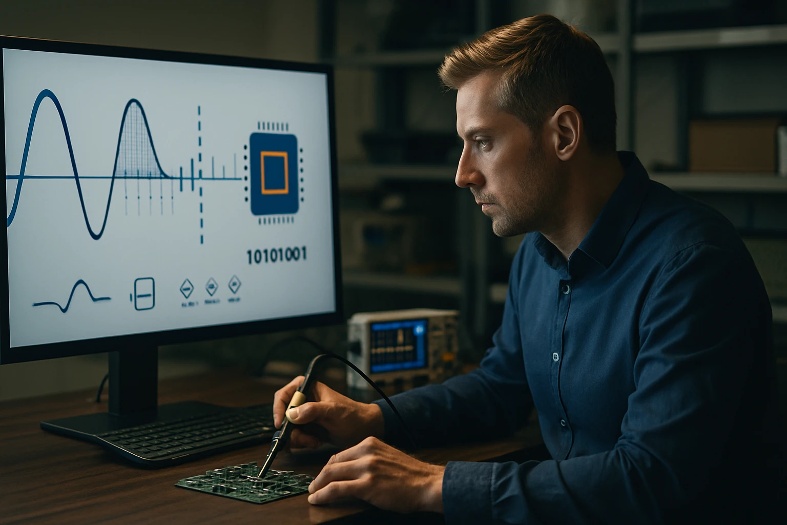 Egy férfi elektronikai áramkört javít, miközben számítógép képernyőjén grafikonok láthatók.