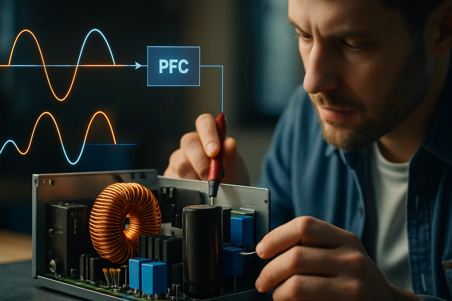 Egy férfi elektronikai eszközt javít, miközben PFC diagram látható a képernyőn.
