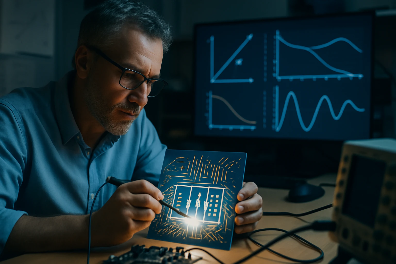 Egy férfi elektronikai áramkört vizsgál, miközben grafikonok láthatók a háttérben.