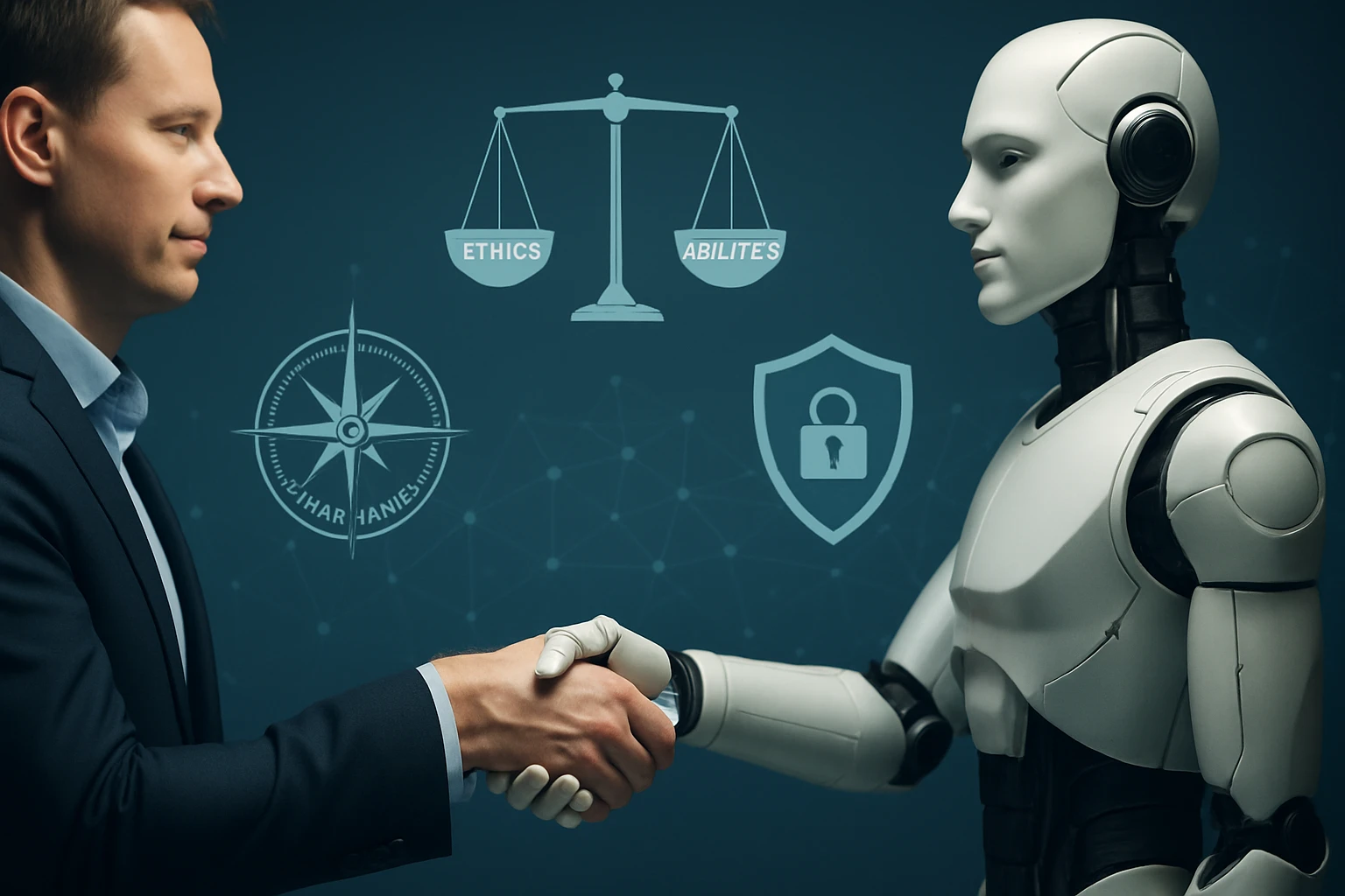 Egy ember és egy robot kezet fognak, háttérben etikai és biztonsági szimbólumokkal.