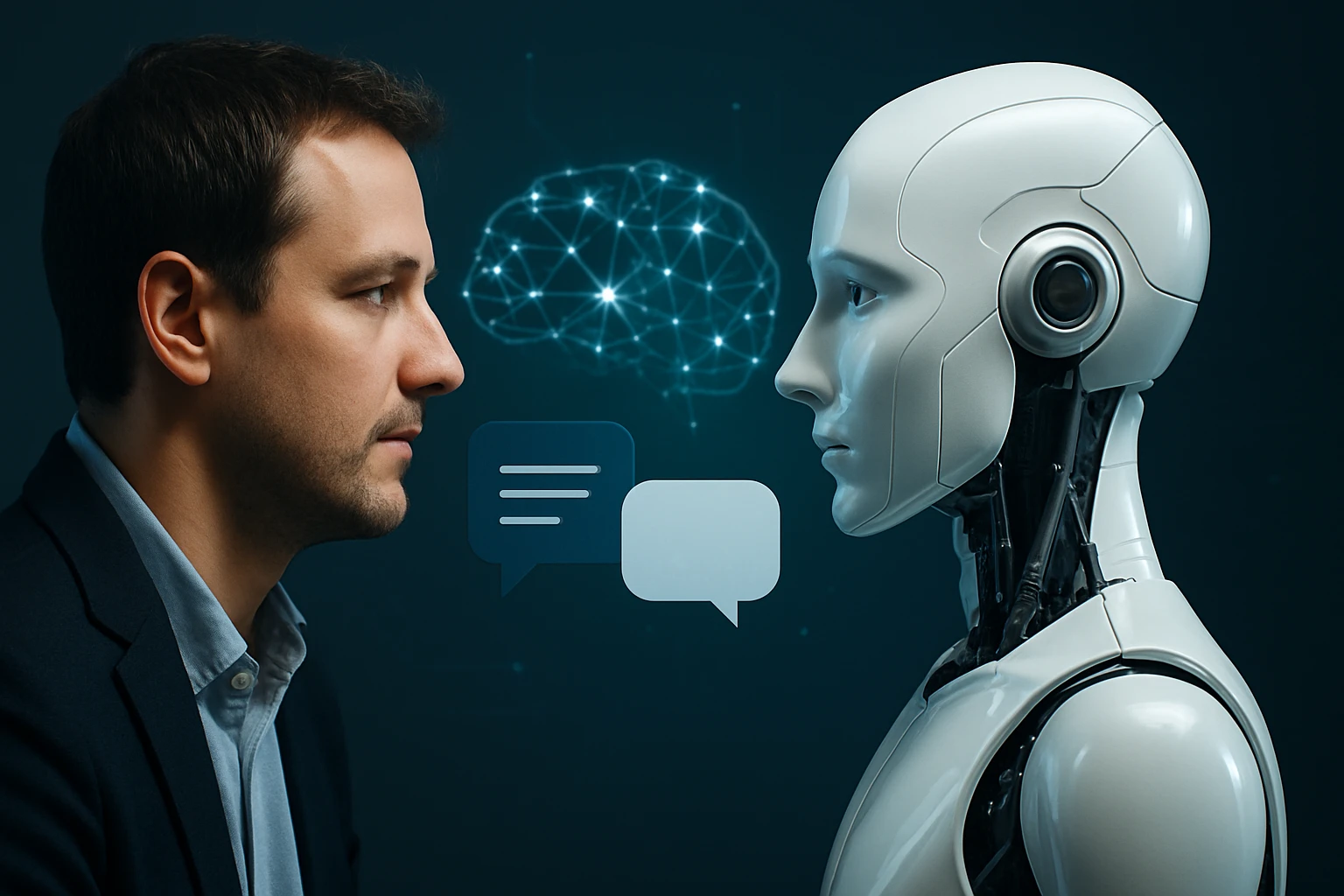 Egy férfi és egy humanoid robot szemben áll, kommunikációs ikonokkal a háttérben.
