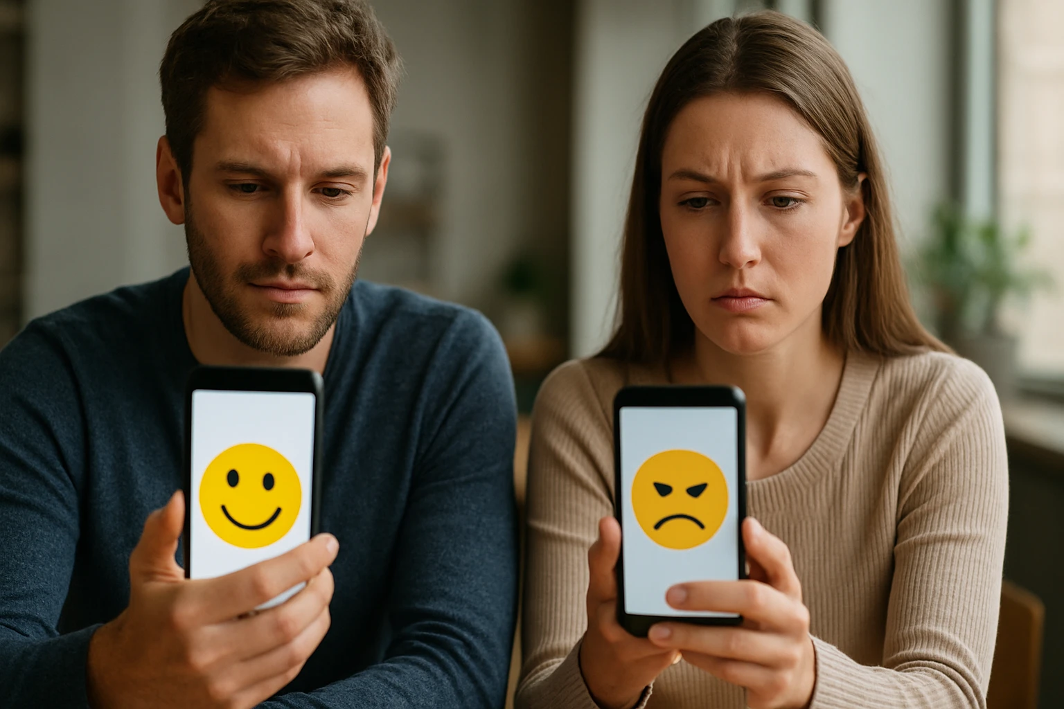 Egy férfi és egy nő telefonjaikon különböző érzelmeket kifejező emotikonokat néznek.