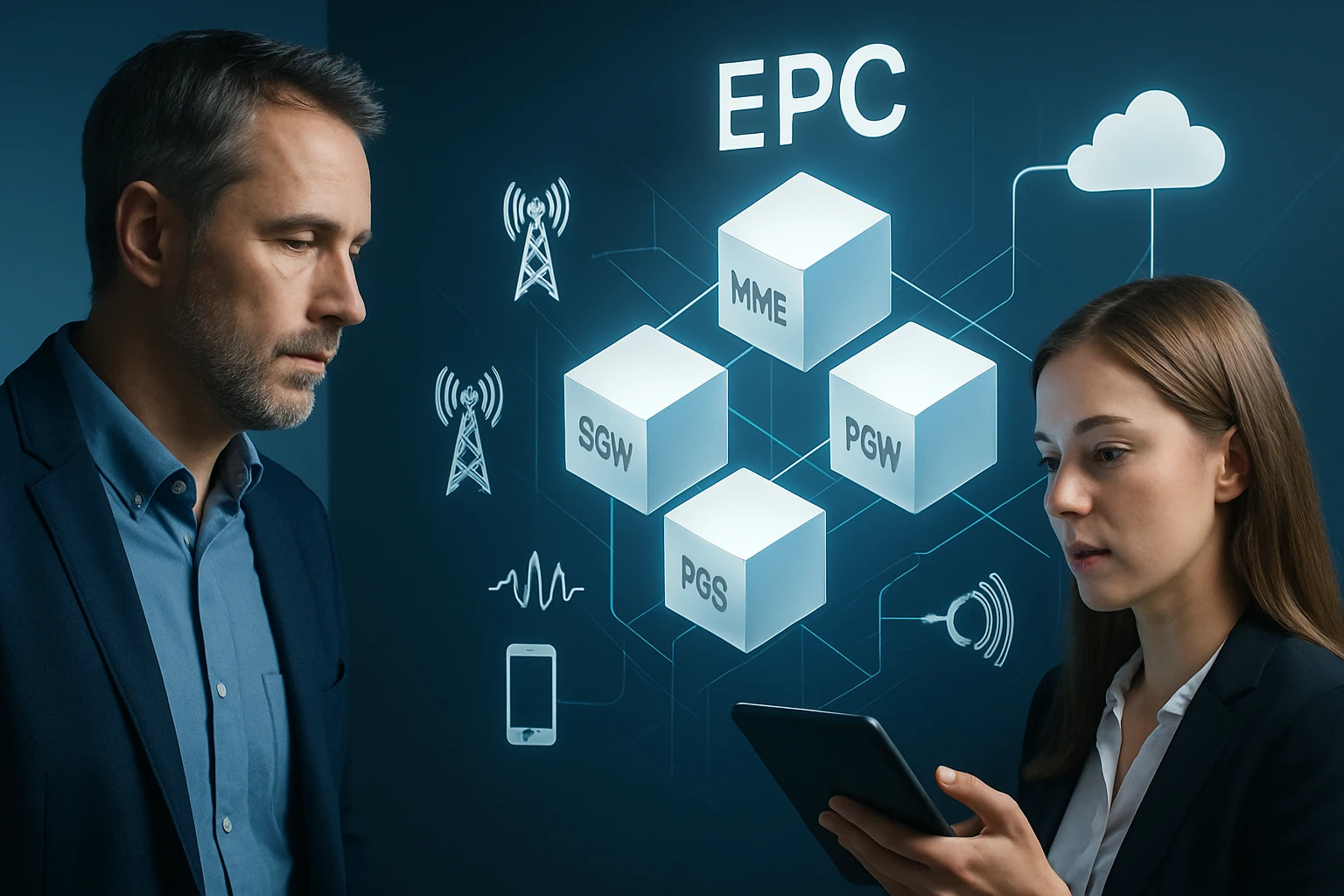 Két szakember egy digitális felületen az EPC architektúráját elemzi.