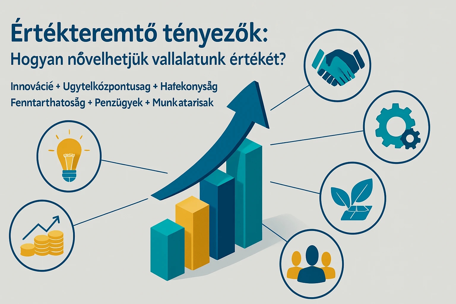 Grafikus ábrázolás az értékteremtő tényezőkről, mint innováció és fenntarthatóság.