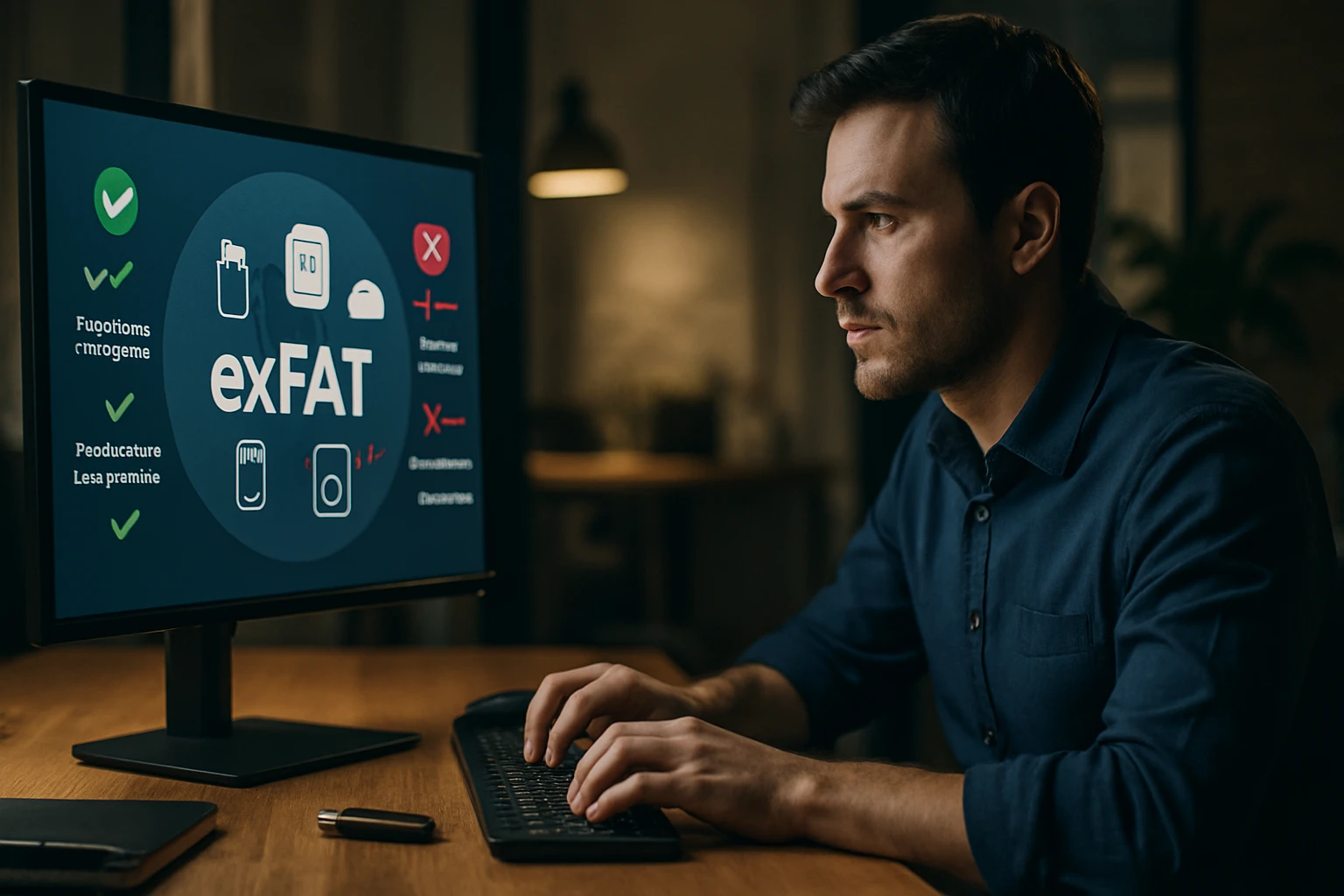 Egy férfi exFAT fájlrendszerről tájékozódik számítógépén.