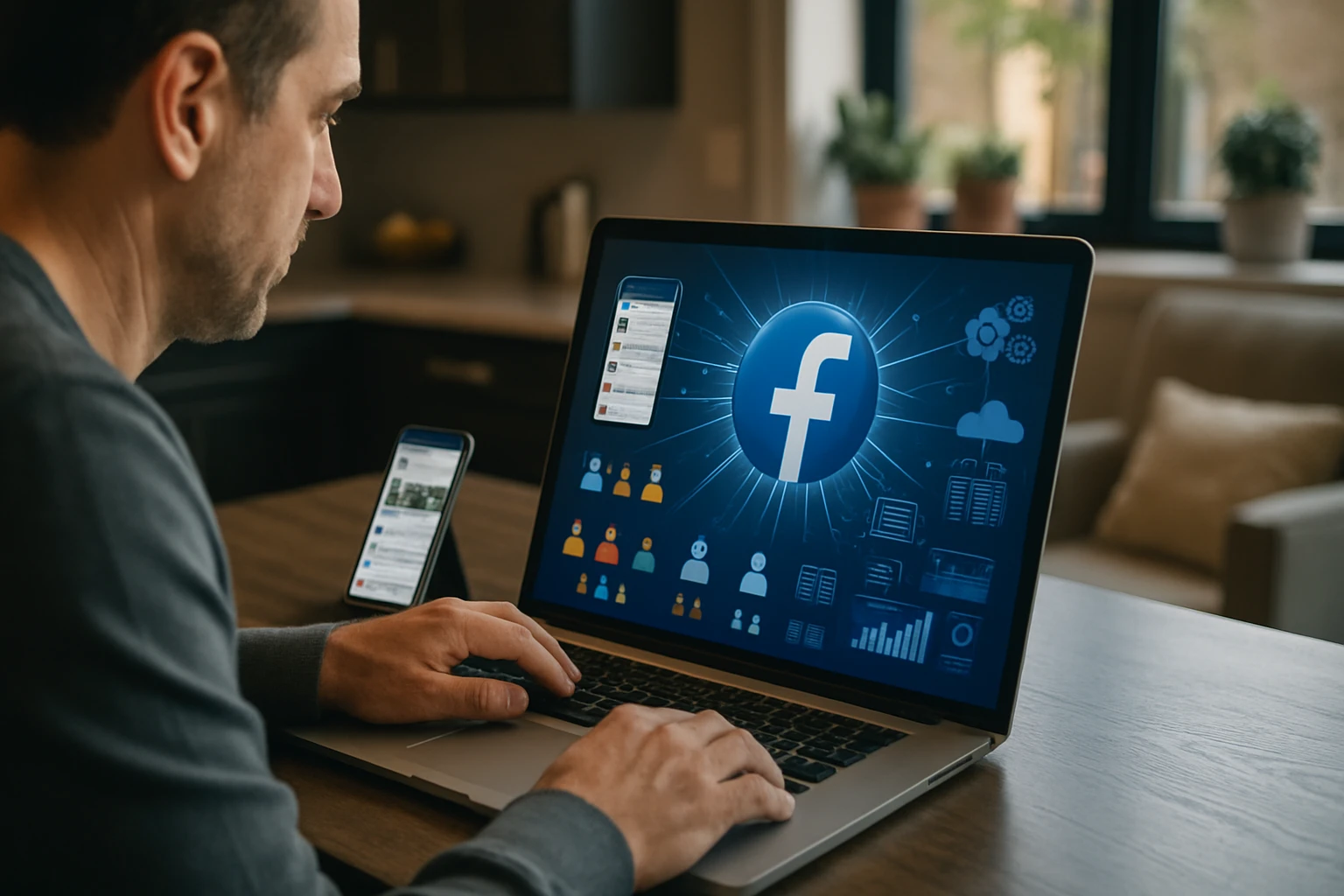 Egy férfi laptopon Facebookot használ, miközben mobiltelefonján is aktív.