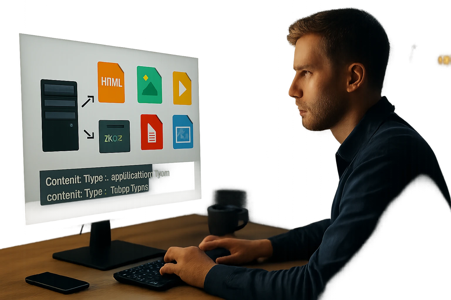 Egy férfi számítógép előtt ül, különböző fájltípusok ikonjaival a monitoron.