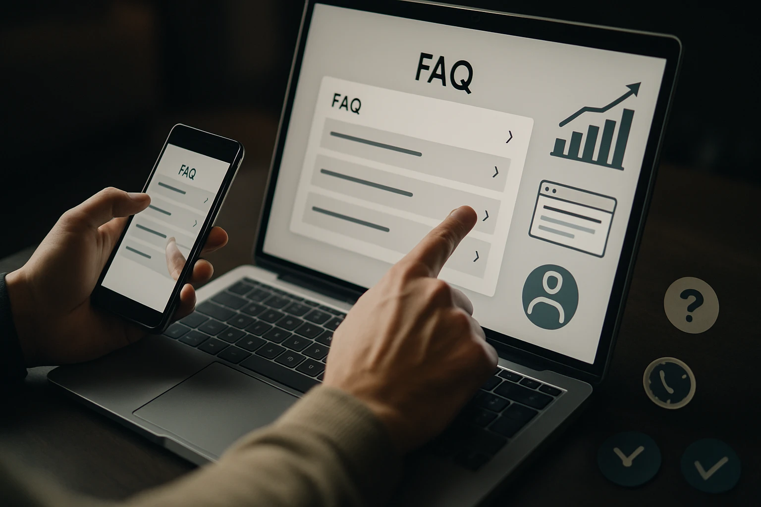 Egy felhasználó okostelefonon és laptopon FAQ szekciót böngész.