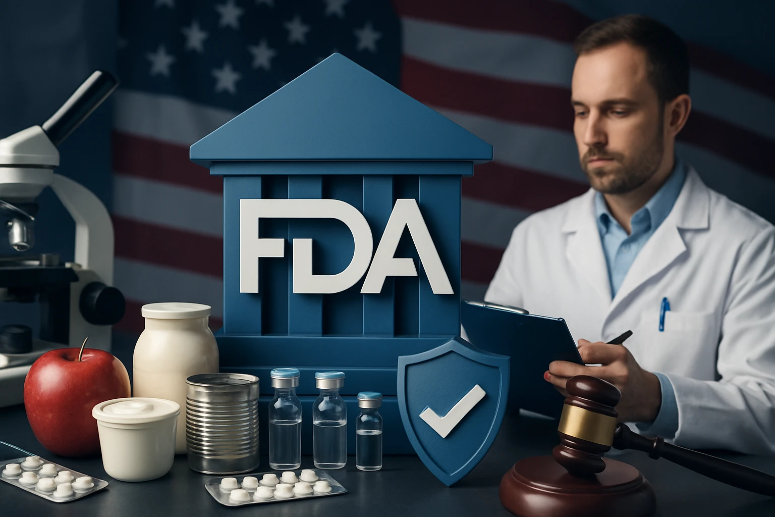 Egy tudós az FDA logója mellett különböző élelmiszerekkel és gyógyszerekkel dolgozik.