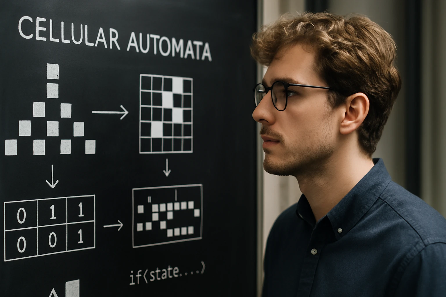 Egy fiatal férfi figyelmesen néz egy táblára, amelyen celluláris automaták grafikái láthatók.