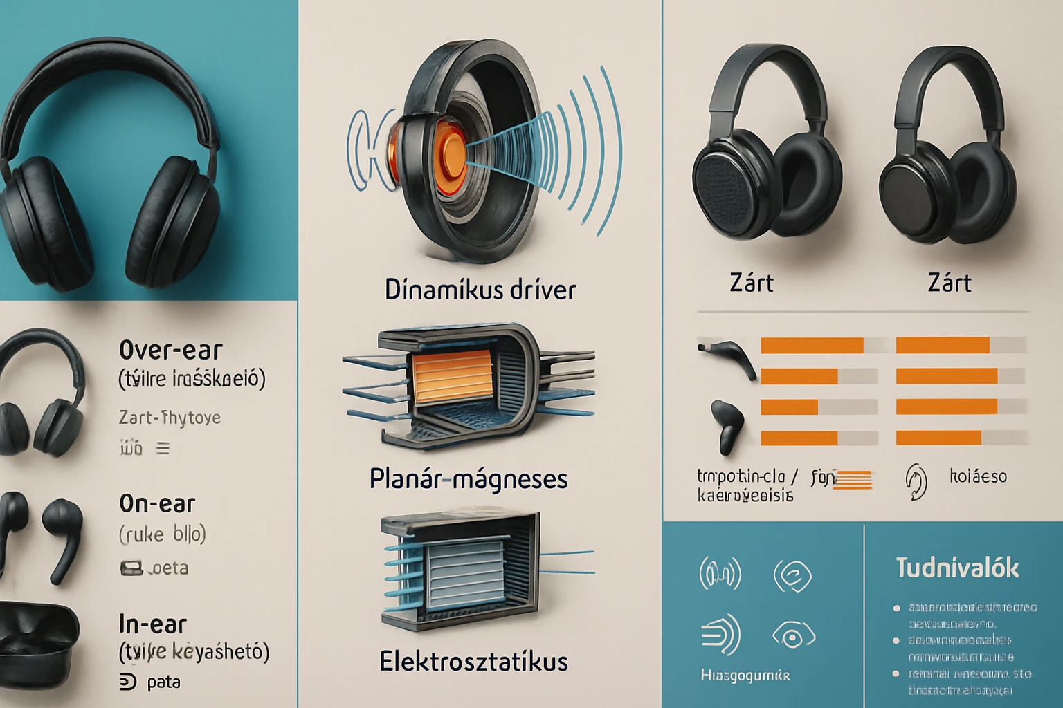 Különböző fejhallgató típusok és technológiák bemutatása, beleértve a dinamikus drivert.