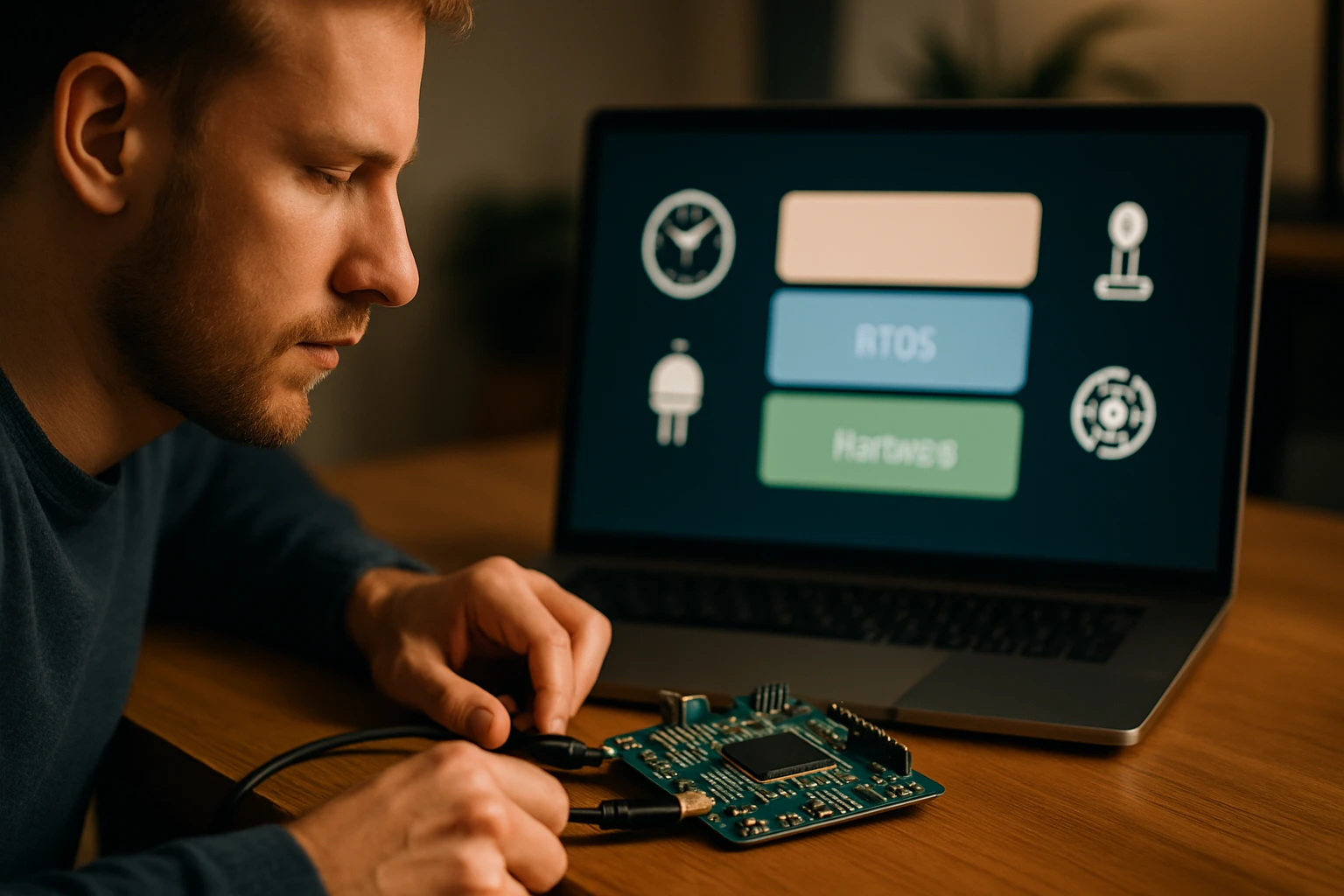Egy férfi egy nyomtatott áramkört vizsgál, miközben laptopján technikai információk láthatók.