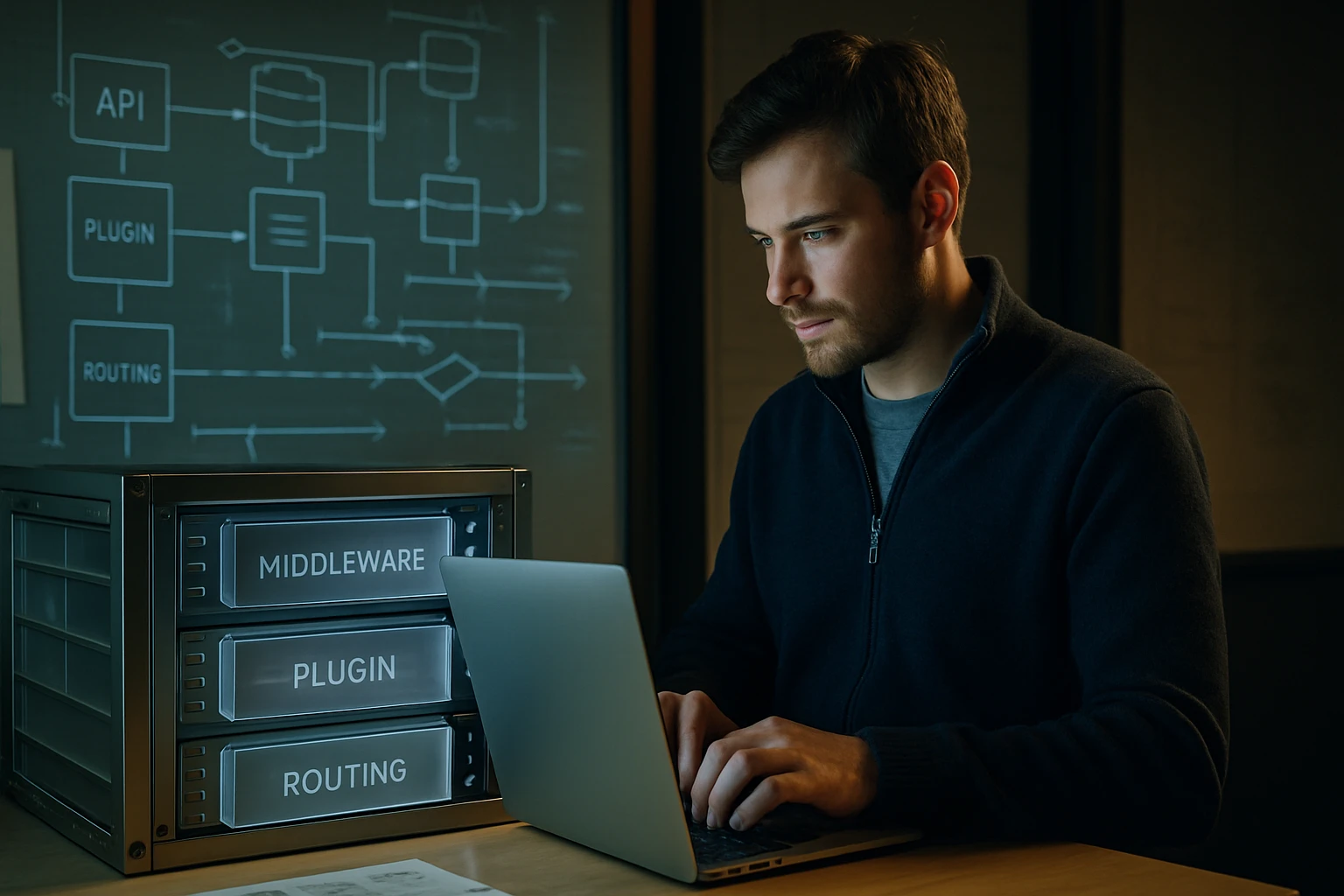 Egy fiatal férfi laptopon dolgozik, háttérben technikai diagramokkal.