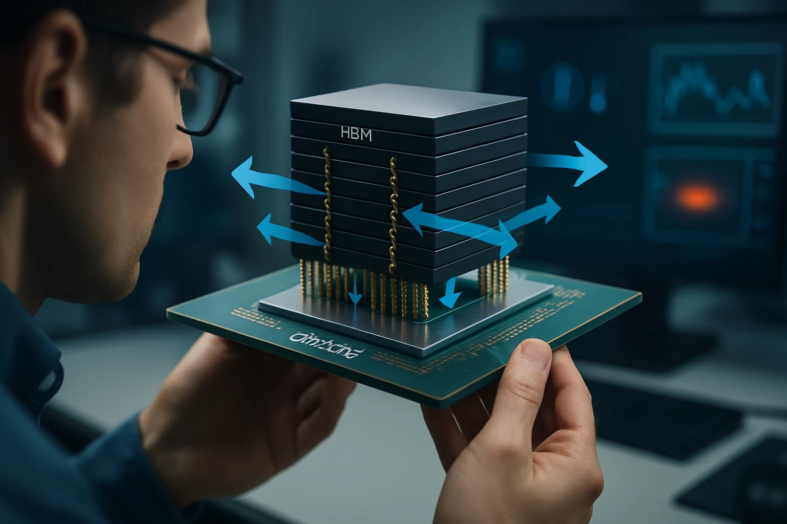 Egy férfi egy fejlett HBM memóriamodult tart a kezében, háttérben számítógép képernyővel.