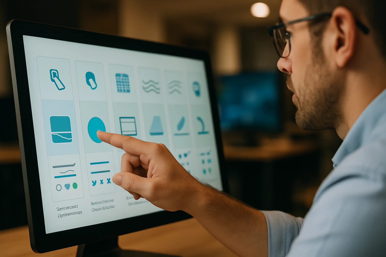 Egy férfi az asztali számítógépén ikonokat választ ki egy felhasználói felületen.