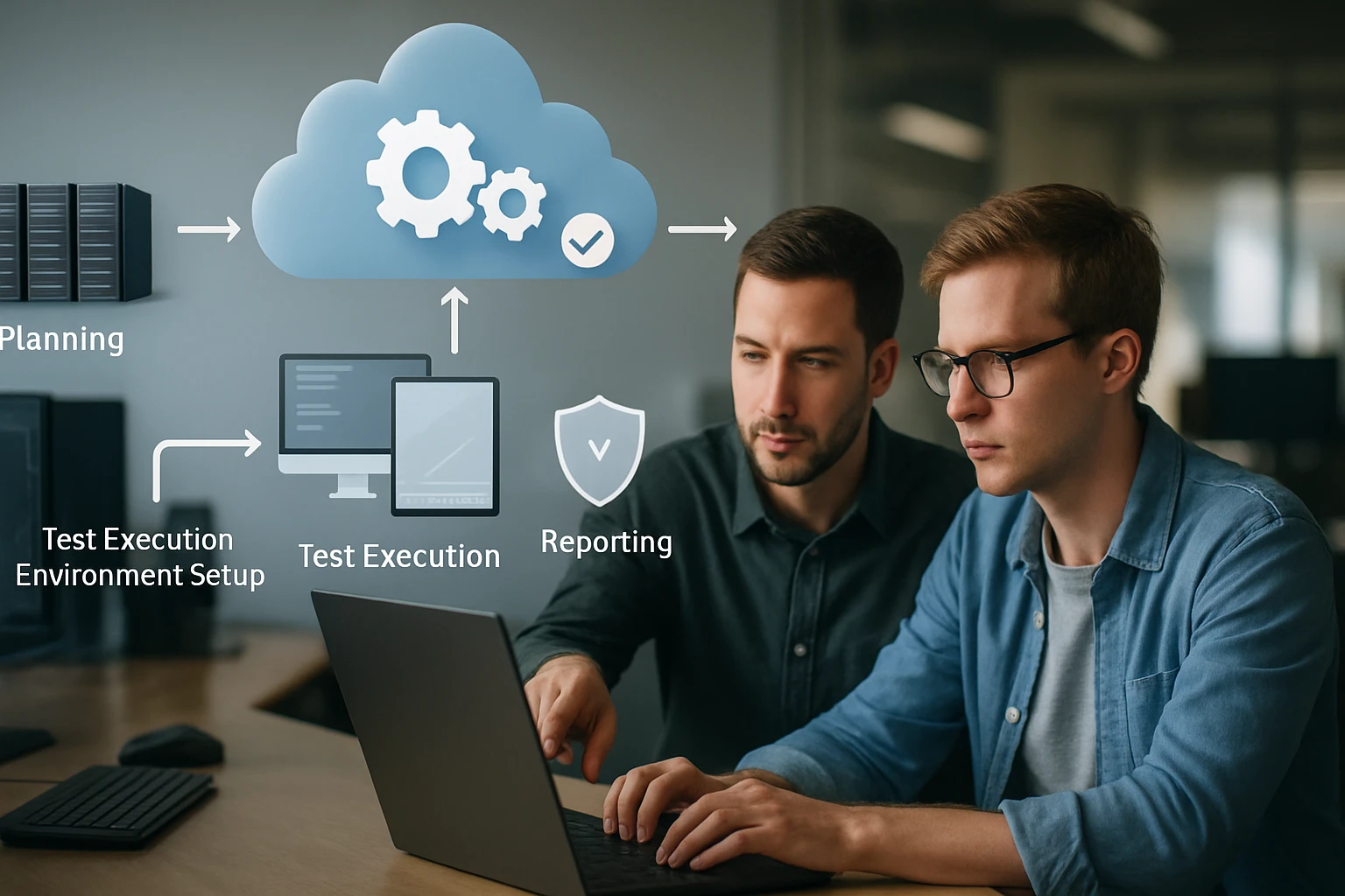 Két férfi együtt dolgozik egy laptopon, tesztelési folyamatokat tervezve a felhő alapú rendszerben.