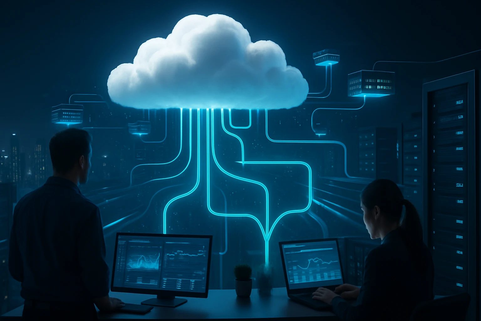 Két szakember dolgozik a felhőalapú adatelemzésen, háttérben adatközponttal.