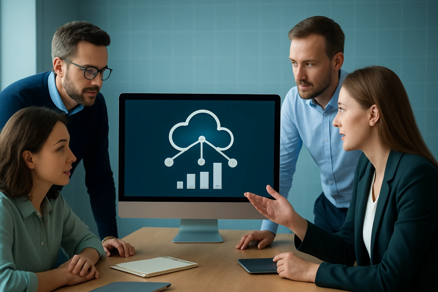 Négy szakember egy számítógép előtt, amelyen felhőalapú adatelemzés látható.