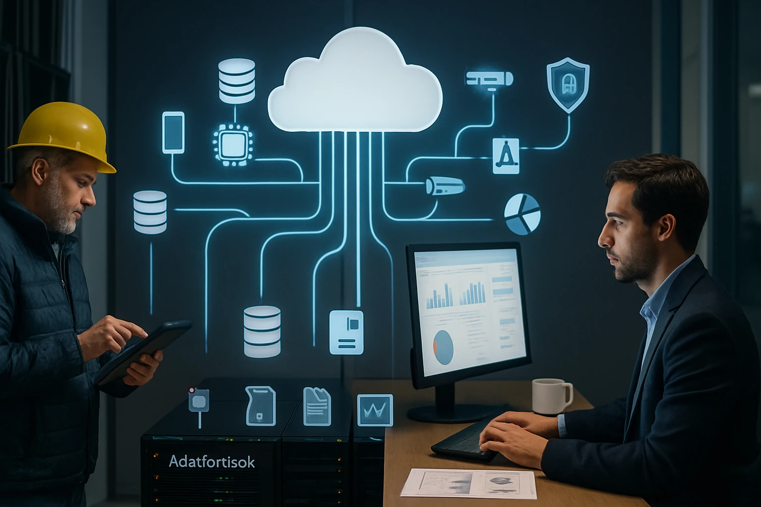 Egy férfi tabletet használ, míg egy másik férfi számítógép előtt ül, háttérben felhőalapú adatkezelés ikonokkal.