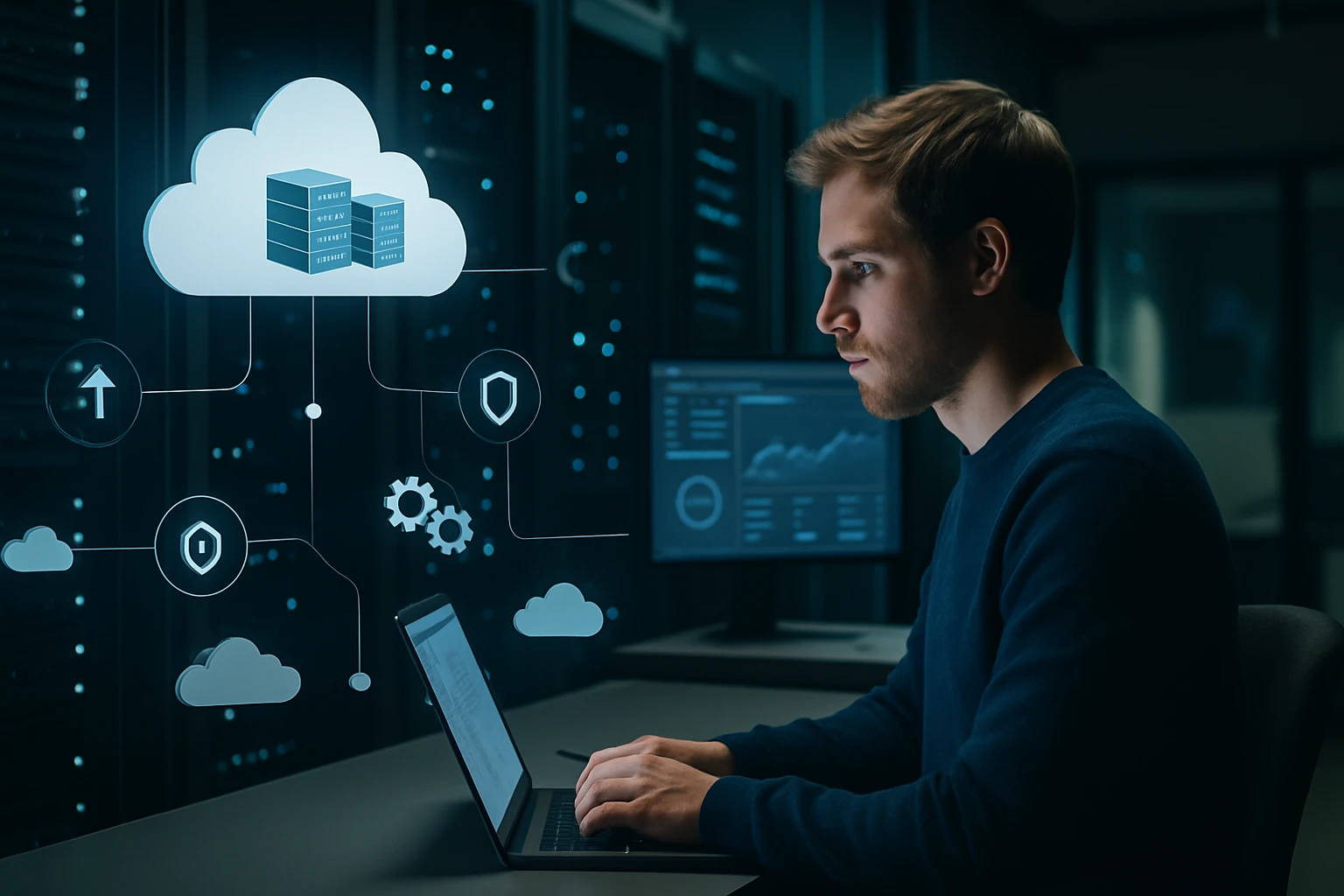 Egy fiatal férfi laptopon dolgozik, felhőalapú adatkezelés grafikai elemeivel körülvéve.