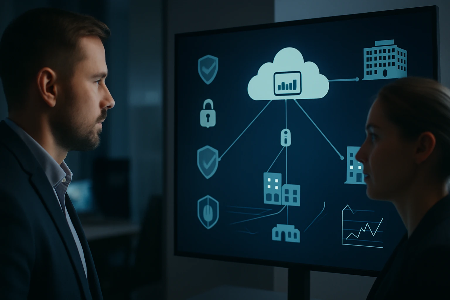 Két szakember néz egy képernyőt, amely a felhőalapú adatkezelést ábrázolja.