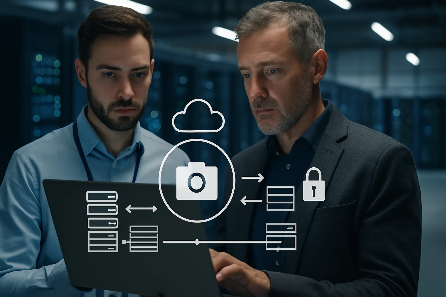 Két férfi egy laptop előtt, felhőalapú adatkezelési grafikával.