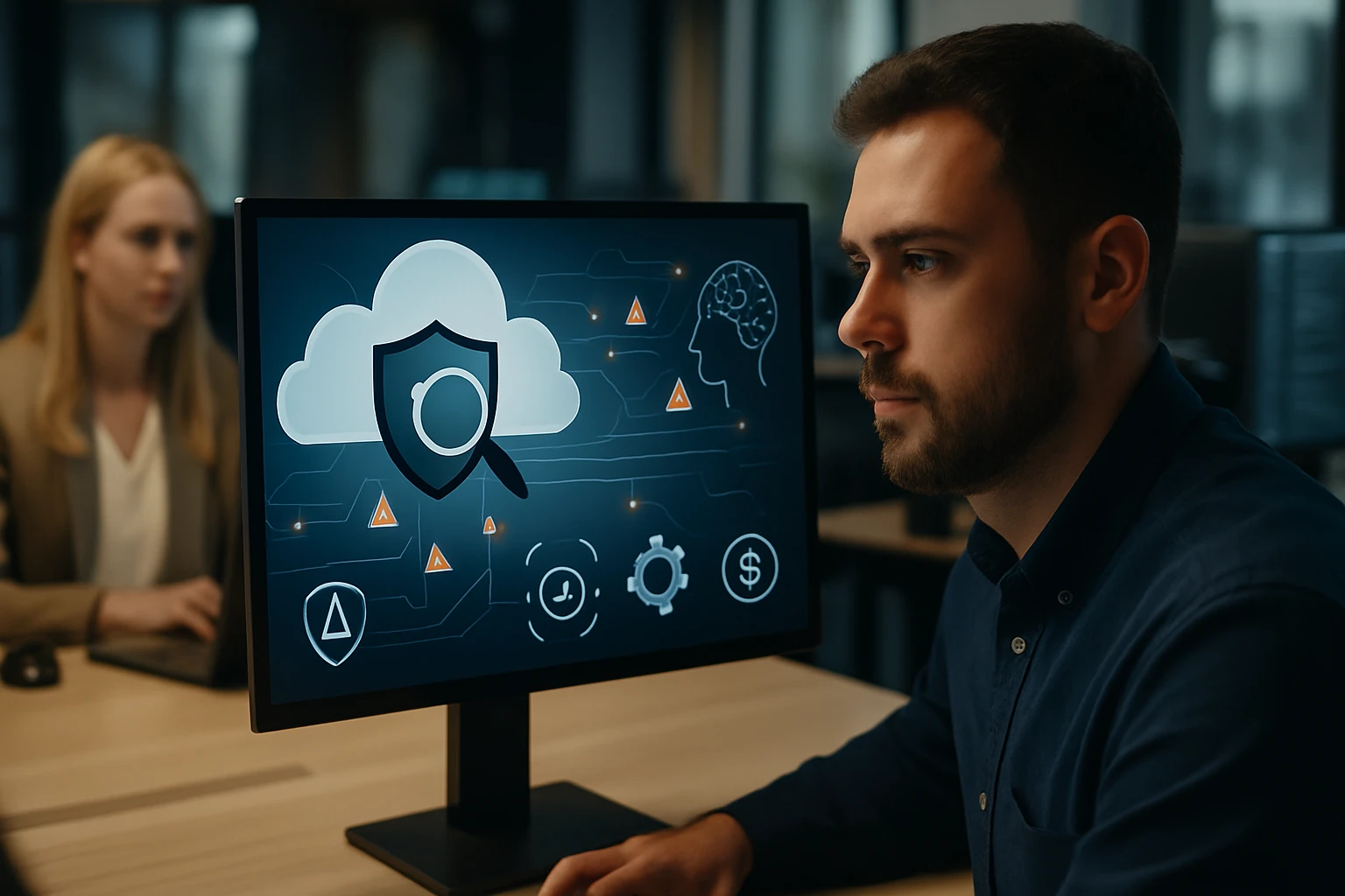 Egy férfi figyelmesen nézi a számítógép képernyőjét, amelyen felhőalapú biztonsági ikonok láthatók.