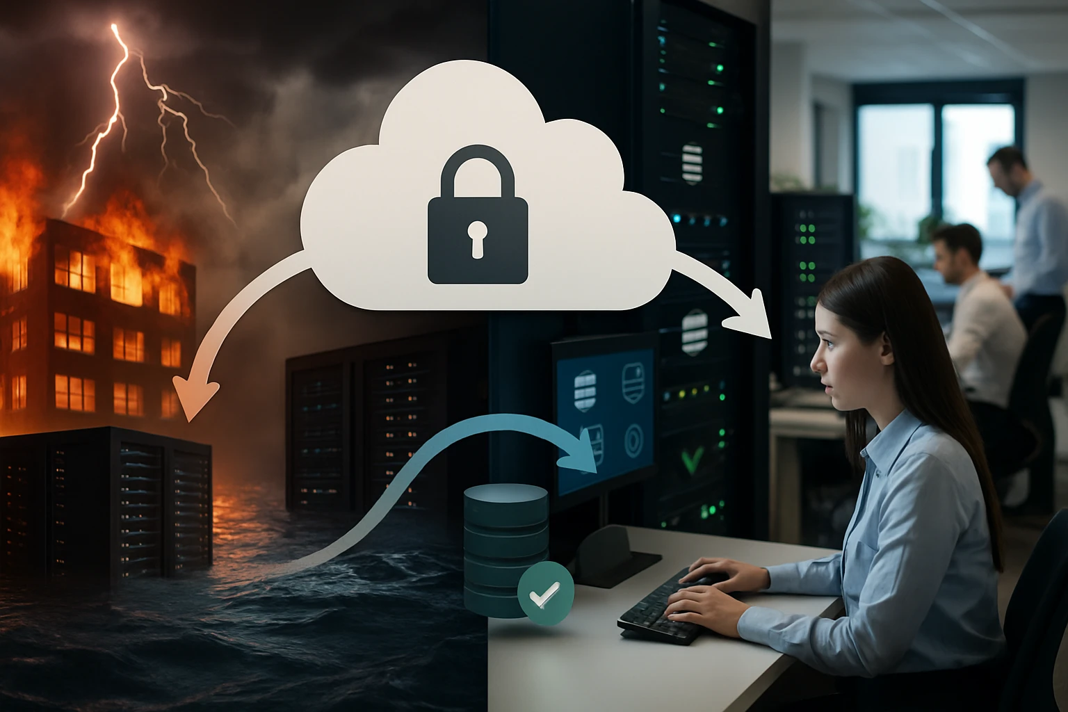 Egy nő számítógépen dolgozik, miközben felhőalapú biztonságot ábrázoló grafika látható.