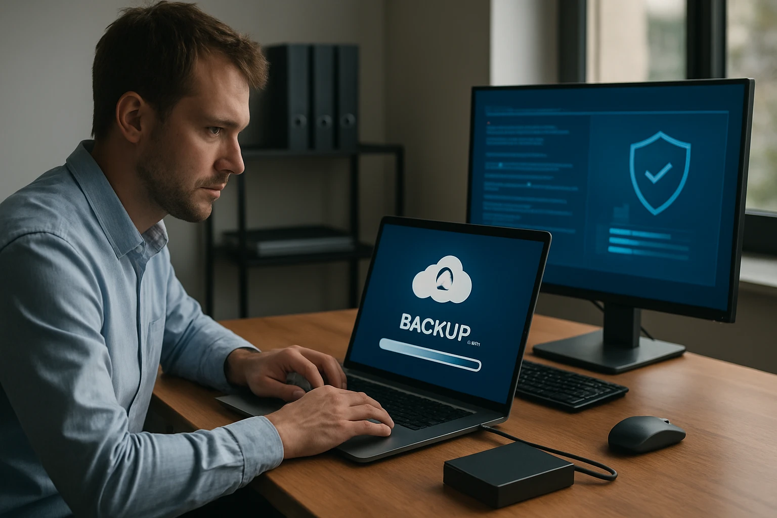 Egy férfi laptopján a felhőalapú biztonsági mentés folyamatát figyeli.