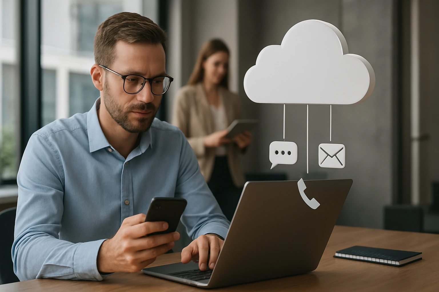 Egy férfi okostelefont használ, miközben laptopján felhőalapú kommunikációs ikonok láthatók.