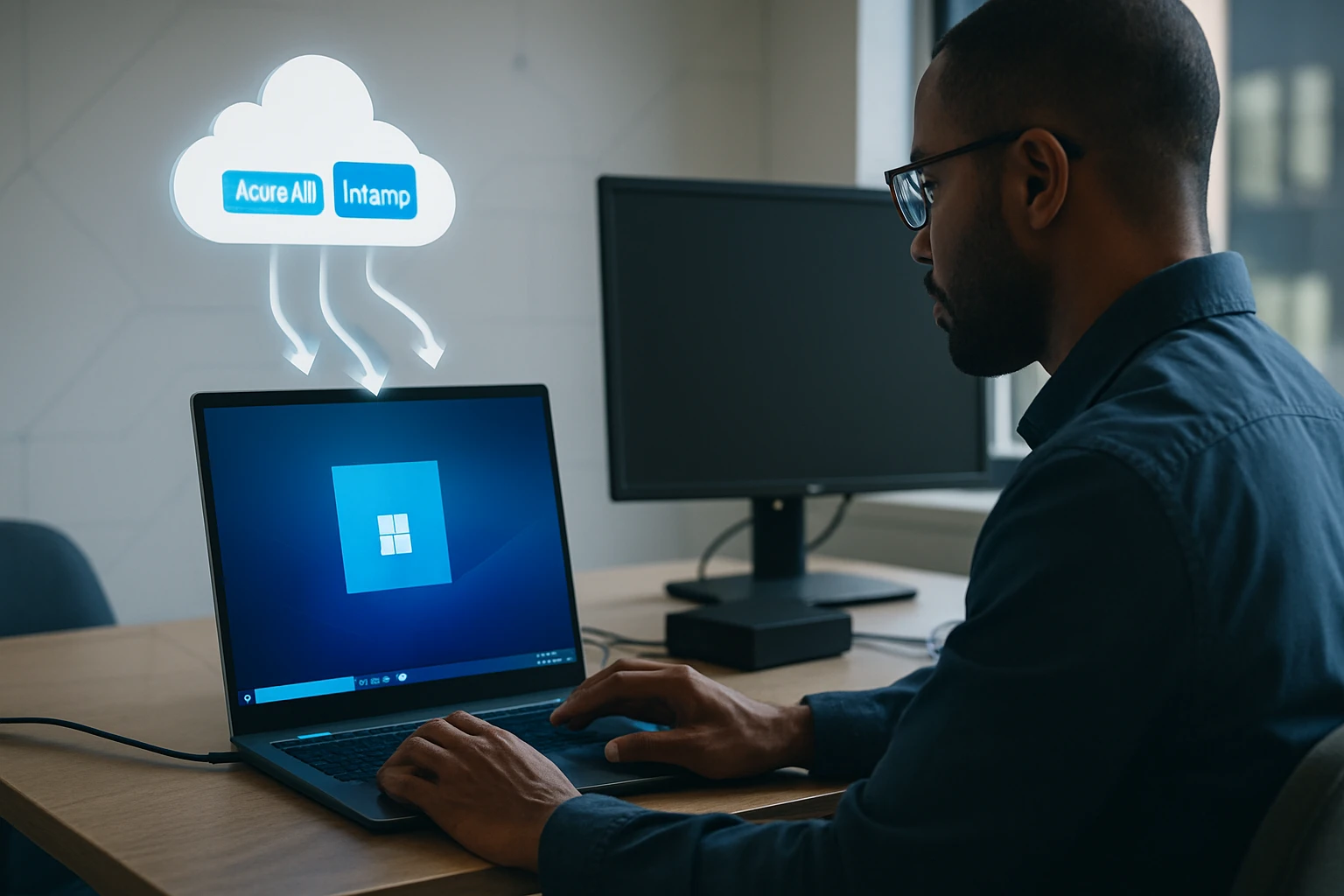 Egy férfi laptopon dolgozik, a képernyőn Windows logó látható, felette felhőszolgáltatásokkal.