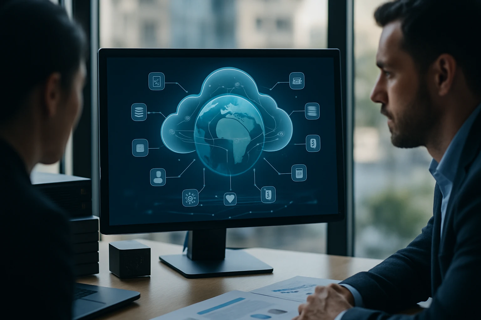 Két ember néz egy számítógép képernyőjét, amelyen felhőalapú adatkezelés látható.