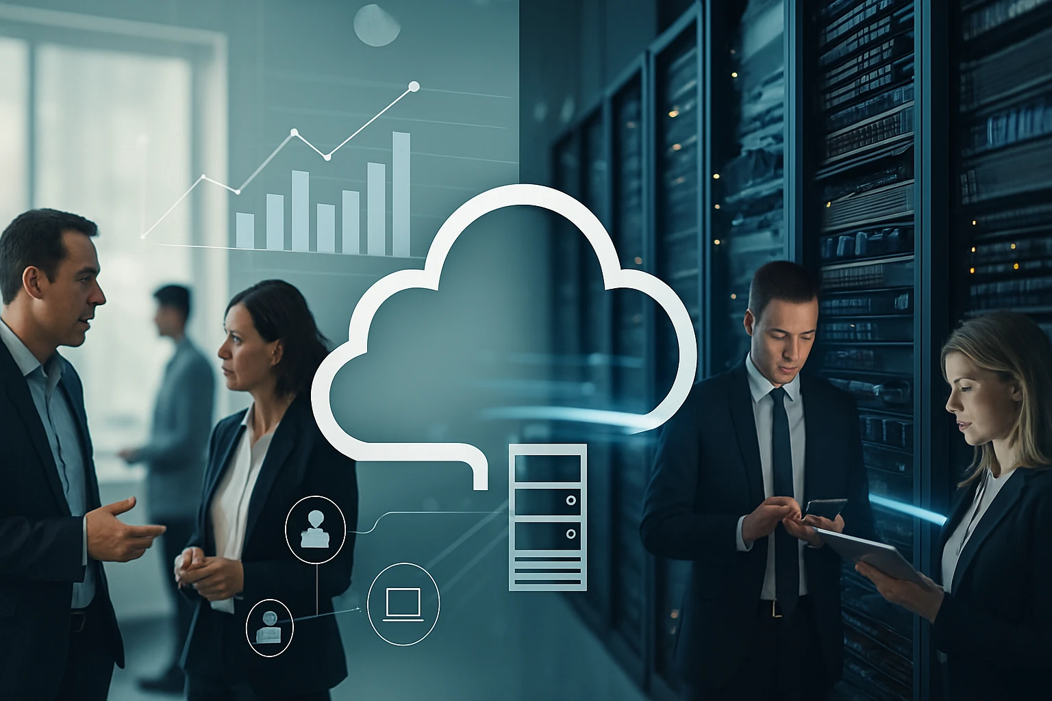 Két üzletember beszélget egy felhőalapú megoldásról, háttérben szerverekkel.