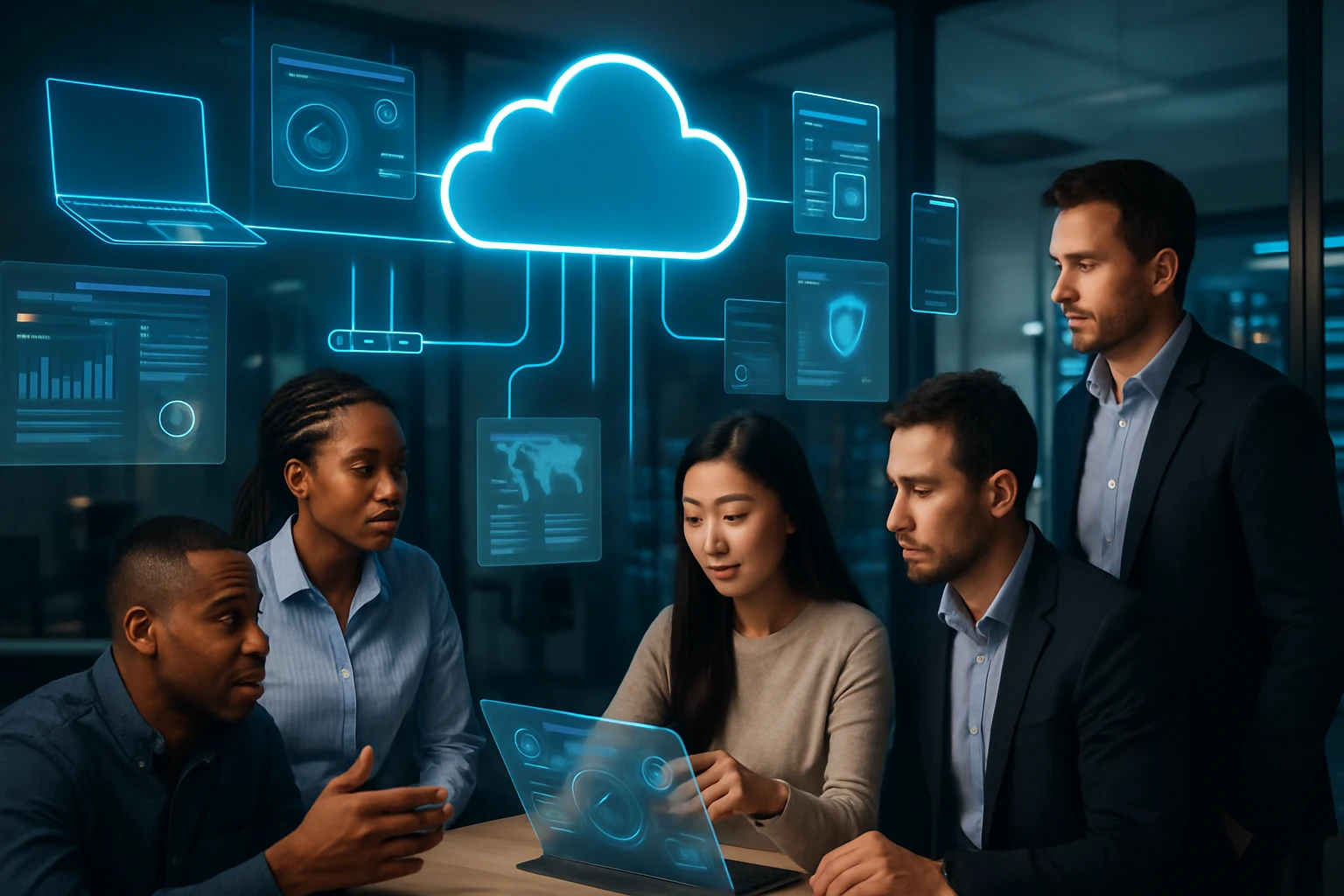 Egy csapat szakember dolgozik a felhőalapú technológiákon, digitális grafika körülöttük.