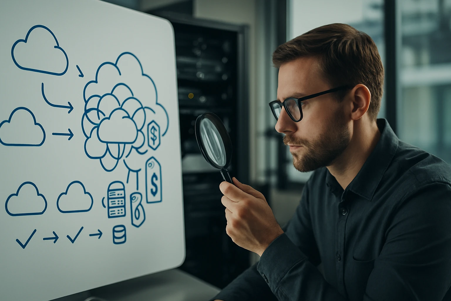 Egy férfi nagyítót tart a kezében, miközben felhőalapú megoldásokat elemez.