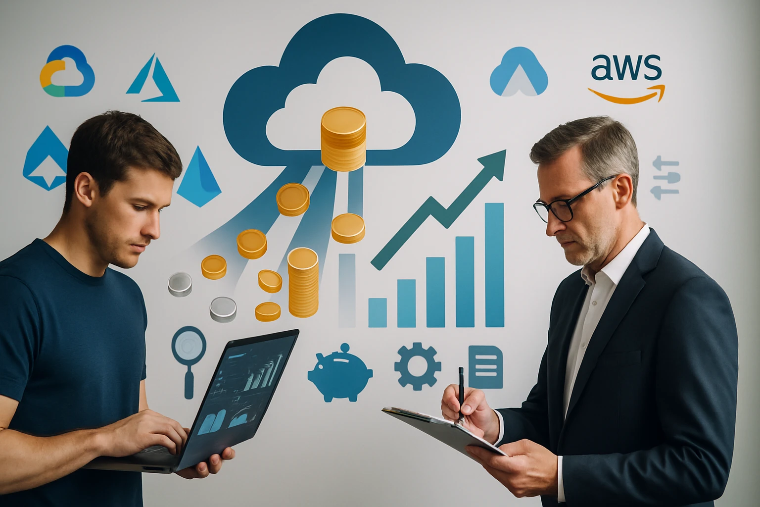 Két férfi, az egyik laptopon dolgozik, a másik jegyzetel, háttérben felhőalapú szolgáltatások ikonjaival.