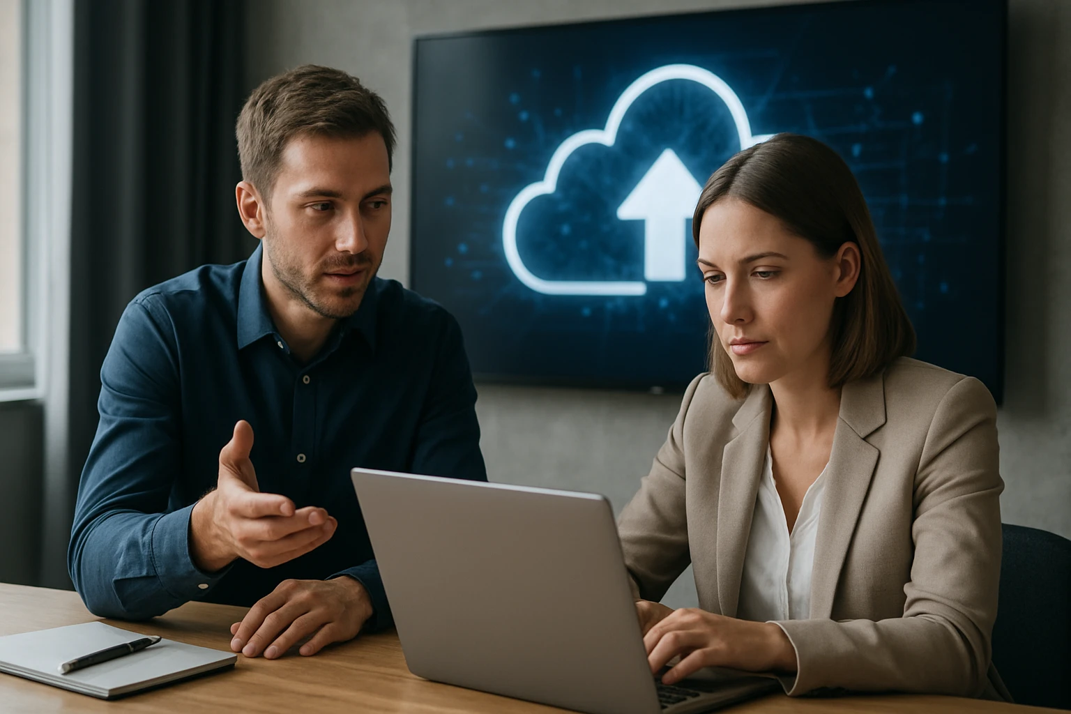 Két szakember egy laptop előtt ül, a háttérben felhőalapú szolgáltatás ikonja látható.