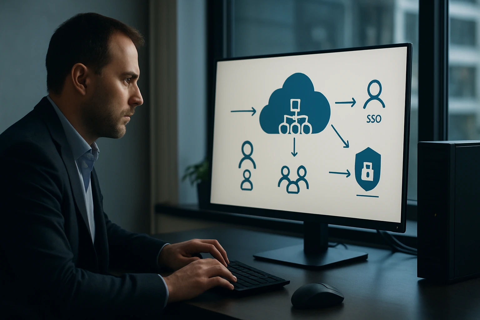 Egy férfi néz egy számítógép képernyőjére, amely felhőalapú rendszert ábrázol.