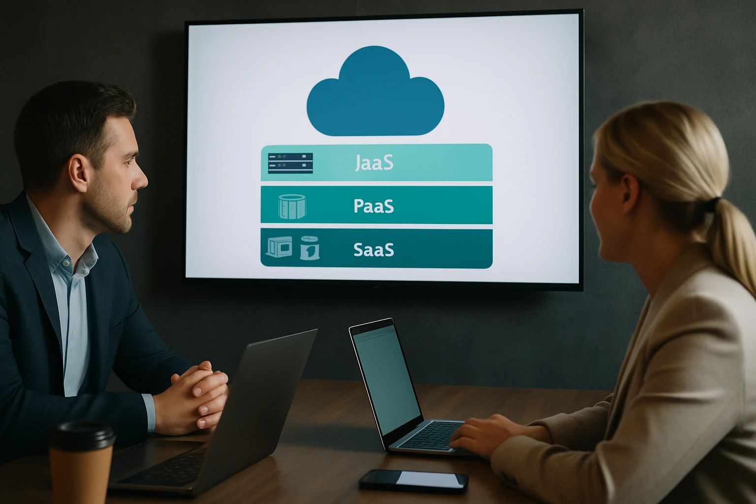 Két ember ül egy asztalnál, a háttérben felhőalapú szolgáltatások diagramja látható.