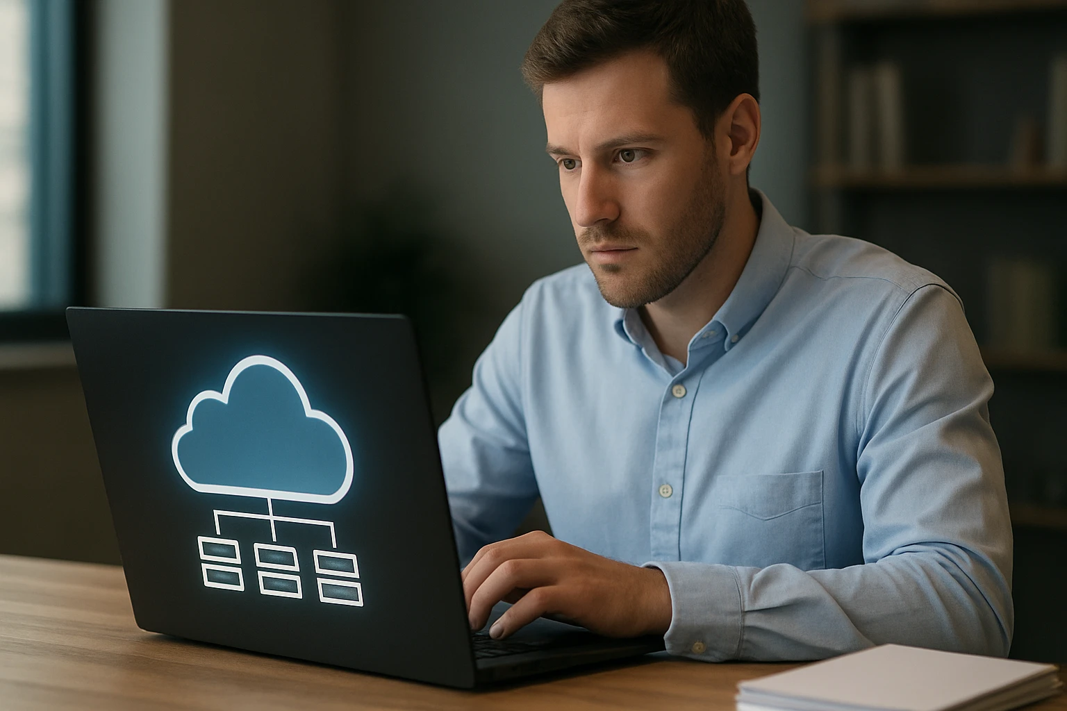 Egy férfi laptopon dolgozik, a képernyőn felhőalapú tárolás ikonja látható.