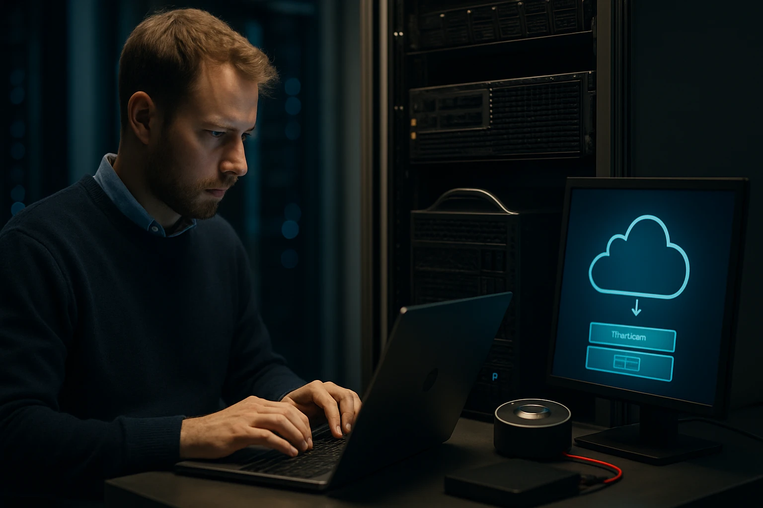 Egy férfi laptopon dolgozik, mellette felhőalapú tárolás ikonja látható.