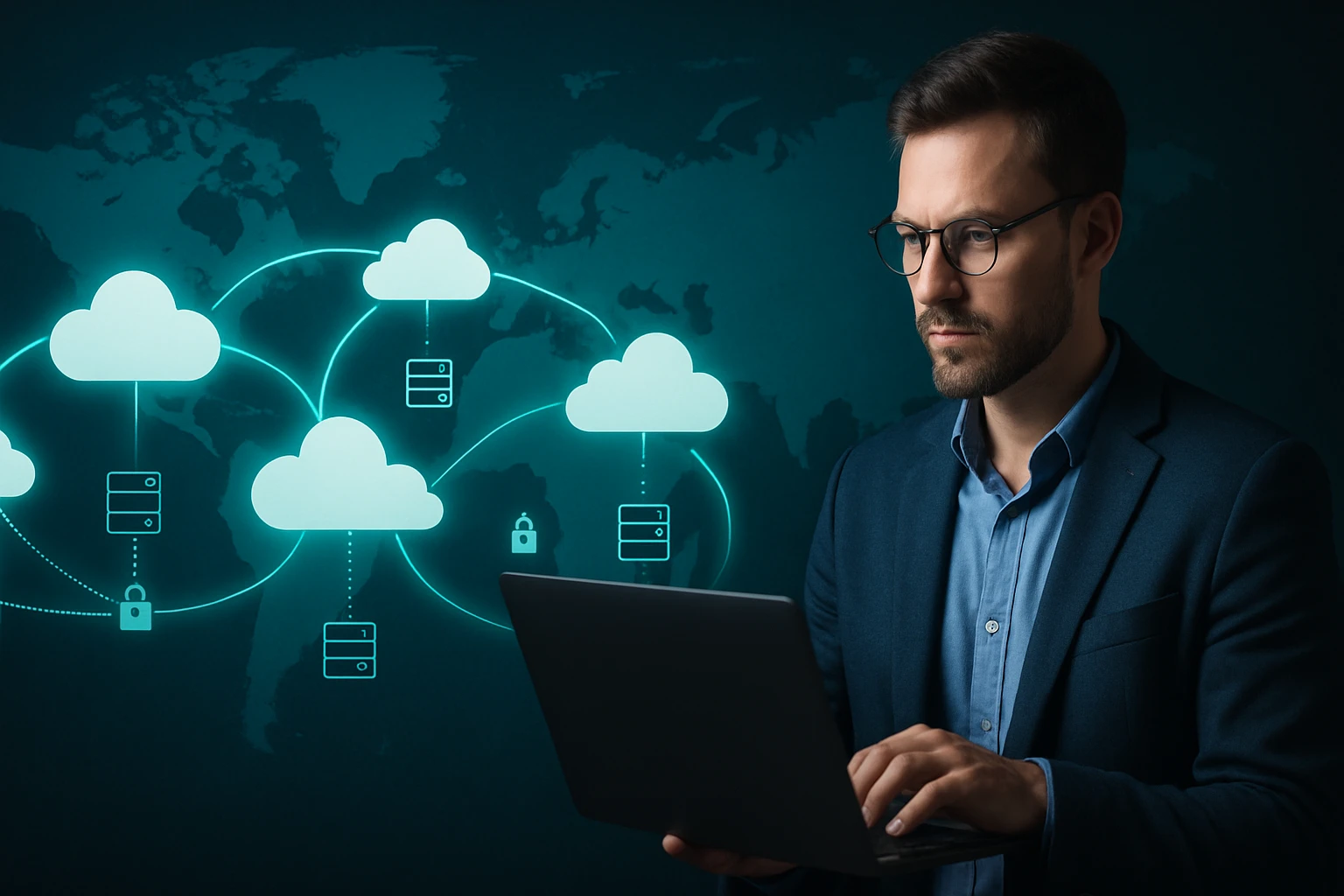 Egy férfi laptopot használ, háttérben felhőalapú tárolási ikonokkal.