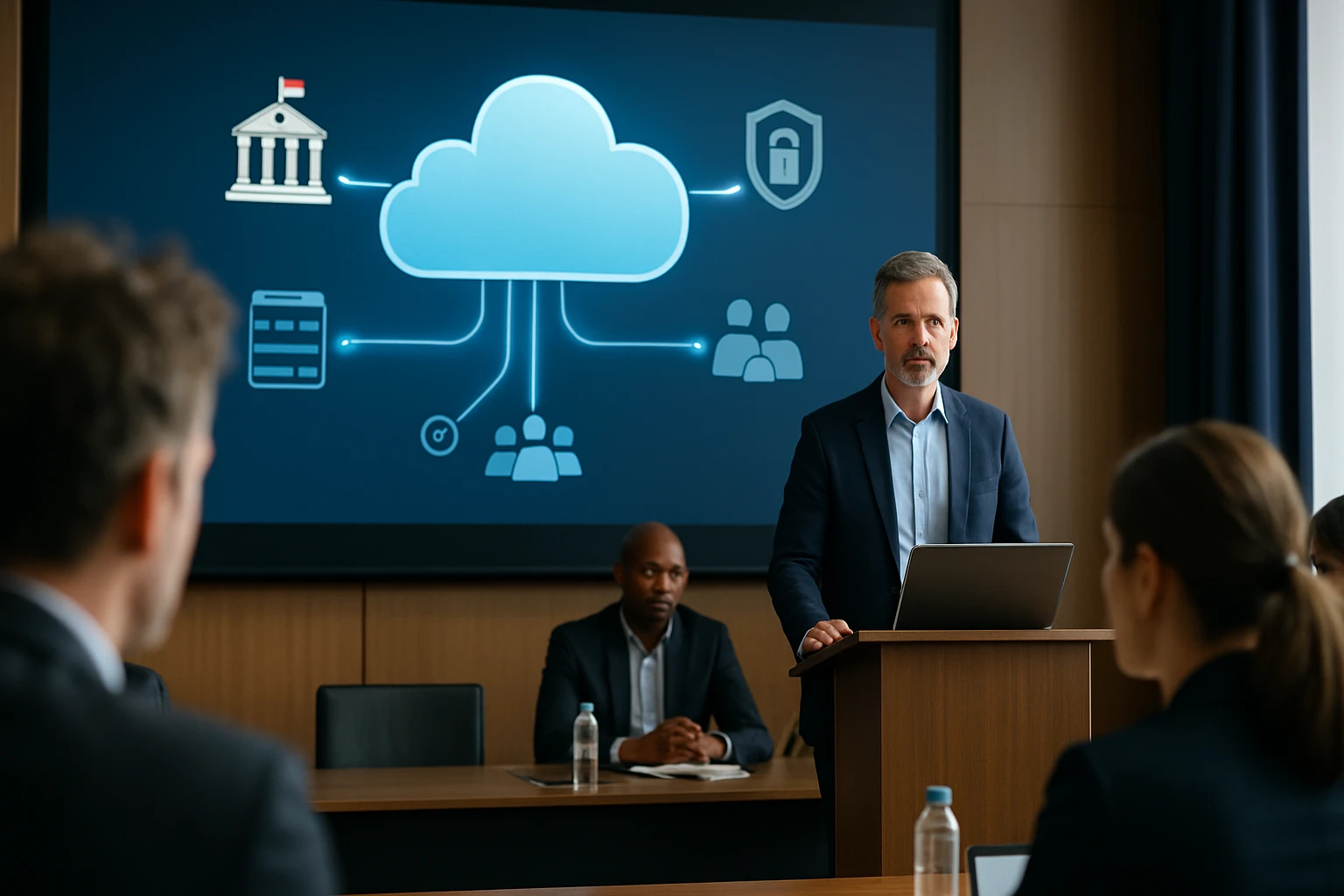 Egy férfi előadást tart a felhőalapú technológiáról egy konferenciateremben.