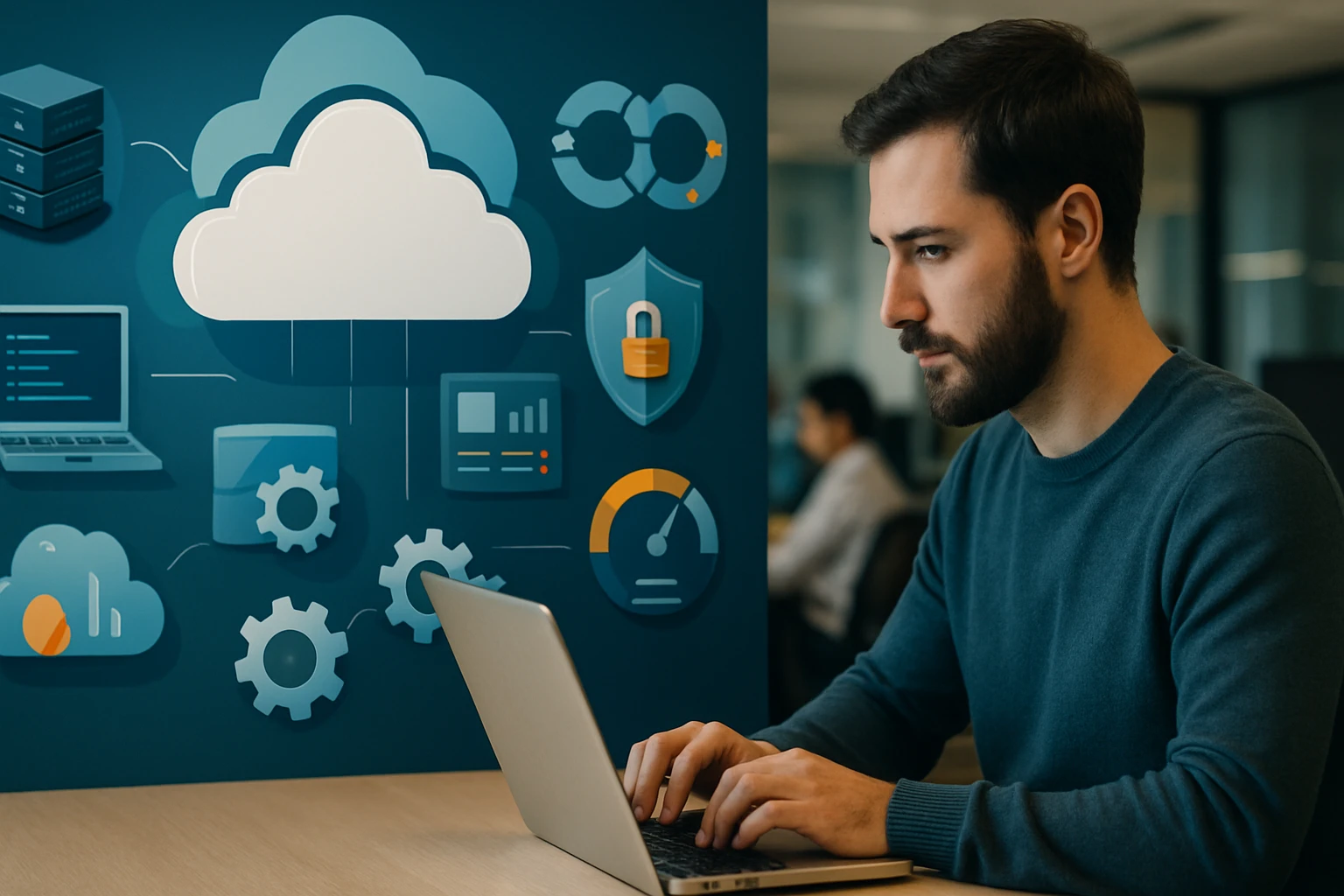 Egy férfi laptopon dolgozik, háttérben felhőalapú technológiák ikonjaival.