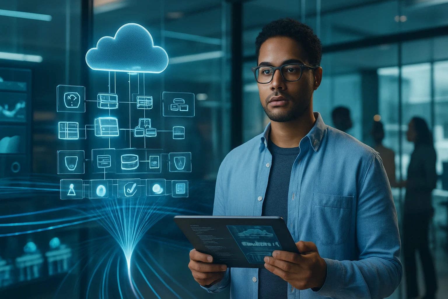Egy fiatal férfi digitális táblagépet tart, miközben felhőalapú adatkezelést figyel.