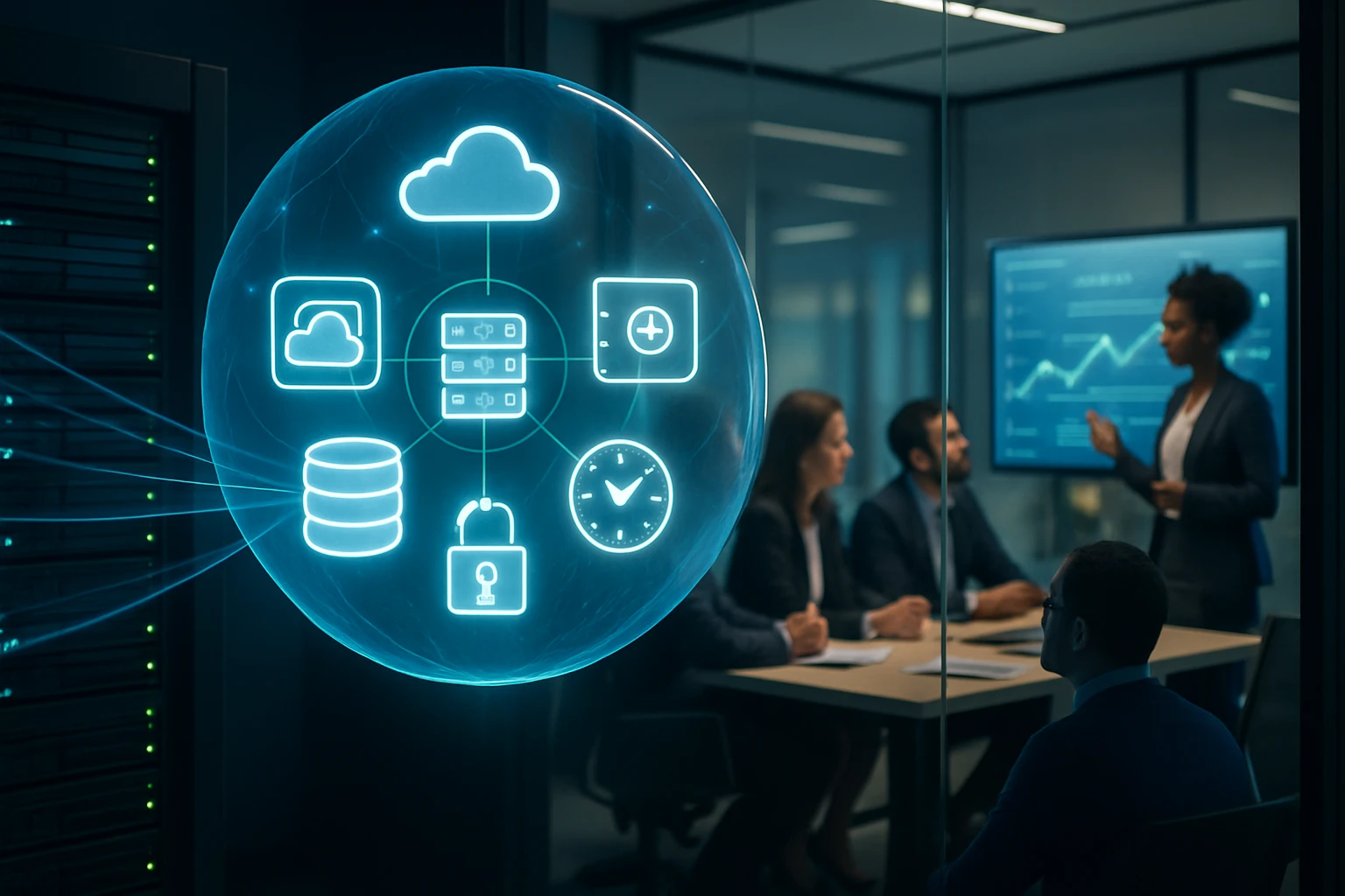 Egy modern irodai környezetben, ahol a felhőalapú technológiák és adatok vizualizációja zajlik.
