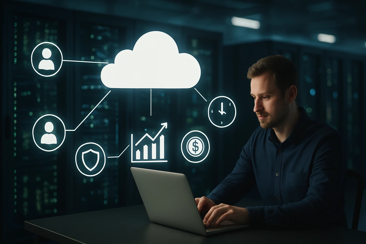 Egy férfi laptopon dolgozik, körülötte felhőalapú szolgáltatások ikonjaival.