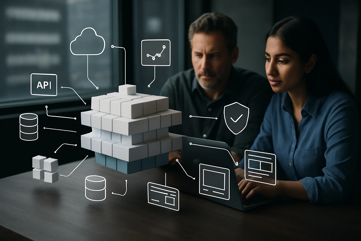 Két szakember egy laptop előtt ül, miközben felhőalapú technológiákat és adatokat elemeznek.